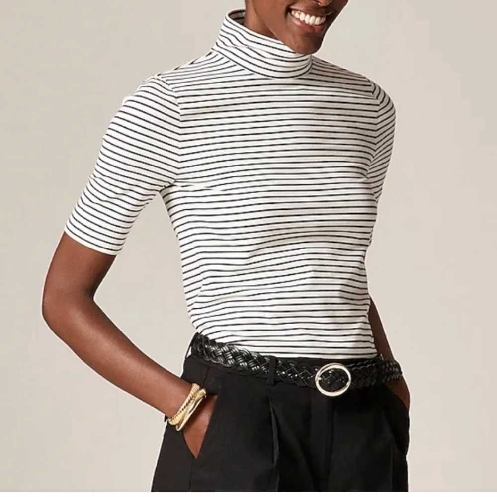 J.Crew Striped Cotton Blend Elbow Sleeve Mock Neck Top